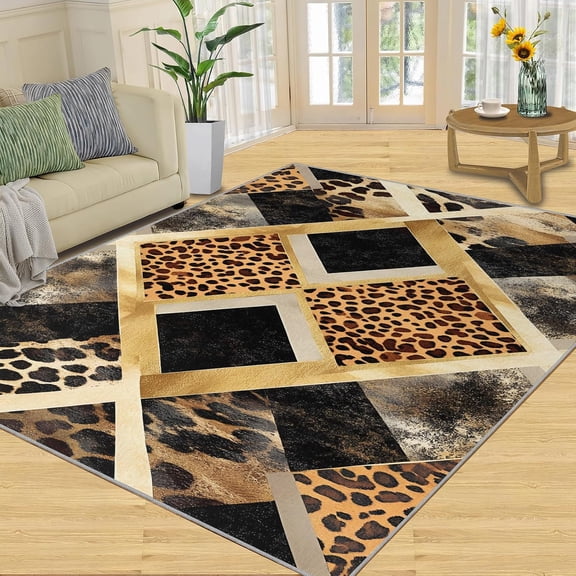 Leopard Print Area Rugs, Black Brown Animal Pattern Carpet, Washable Non Slip Low Pile Soft Rug for Living Room Bedroom Dining Room Home Office Decor Mat 2x3ft