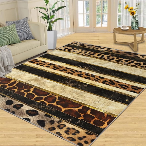 Leopard Print Area Rugs, Brown Animal Stripe Carpet, Washable Non Slip Low Pile Soft Rug for Living Room Bedroom Dining Room Home Office Decor Mat 2x3ft