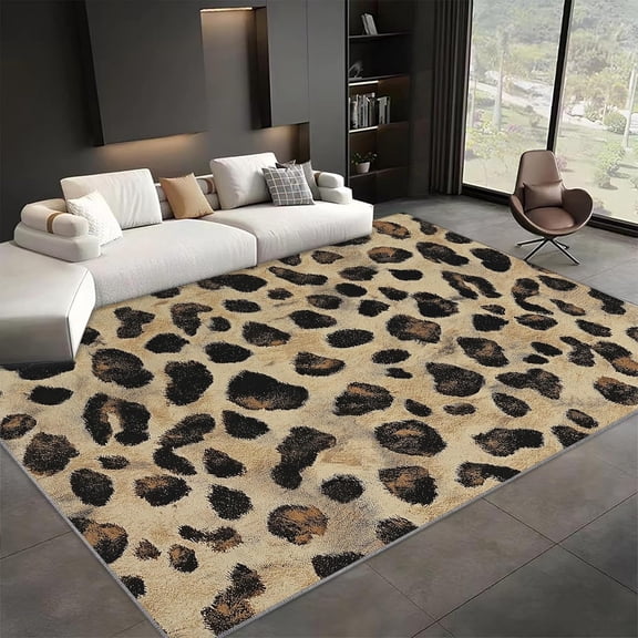 Leopard Print Area Rugs, Brown Black Animal Pattern Carpet, Washable Non Slip Low Pile Soft Rug for Living Room Kitchen Bedroom Dining Room Decor Mat 2x3ft