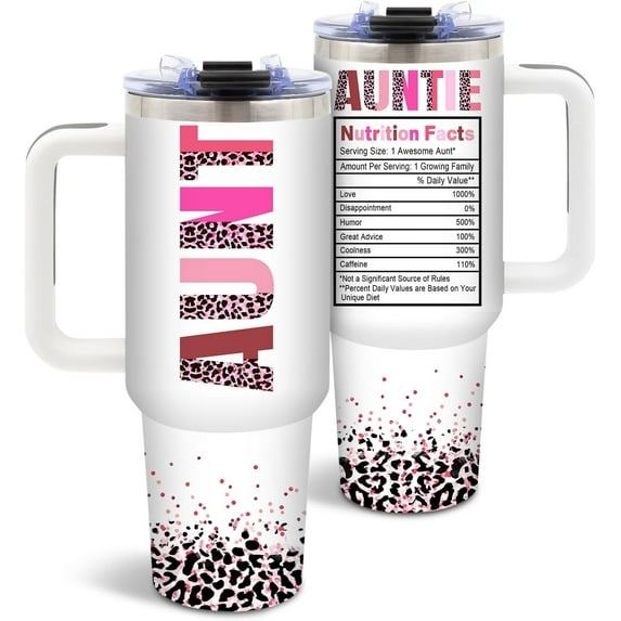 Leopard Print Aunt Tumbler 40oz - Christmas Birthday Gift from Niece Nephew - Stainless Steel Cup with Lid & Straw - Best Auntie Ever Present