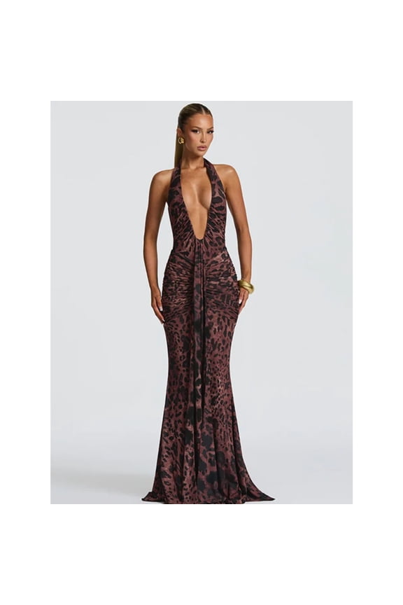 Leopard Print Backless Sexy Maxi Dress Women Gown Elegant Halter Deep V Neck Sleeveless Bodycon Draped Club Long Dress