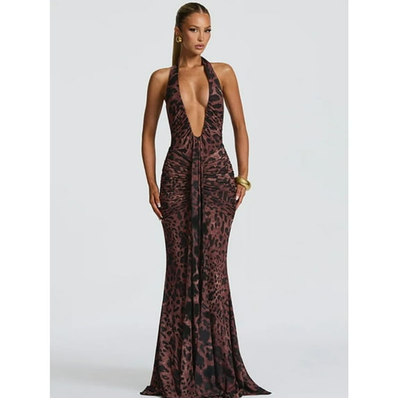Leopard Print Backless Sexy Maxi Dress Women Gown Elegant Halter Deep V Neck Sleeveless Bodycon Draped Club Long Dress