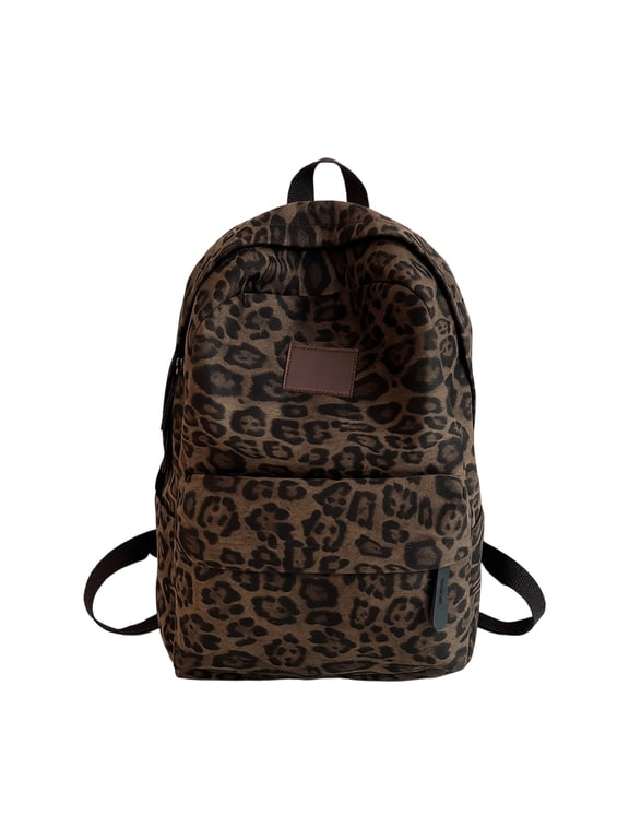 Leopard Print Backpack for Women, Lightweight Brown Nylon School Bag with Front Pocket, Cute Casual Daypack for College Students Travel