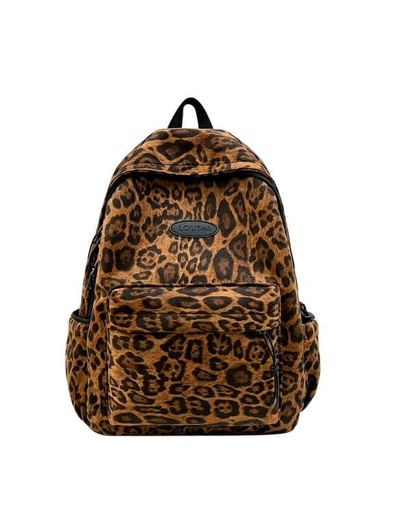 Leopard Print Backpack for Women, Lightweight Nylon Fashion Bookbag with Front Pocket, Cute Khaki Animal Print Daypack for College Travel Commute