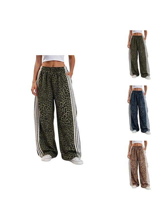 Leopard Print Baggy Sweatpants for Women Fall Winter Elastic High Waist Y2k Casual Wide Leg Track Pants with Pockets