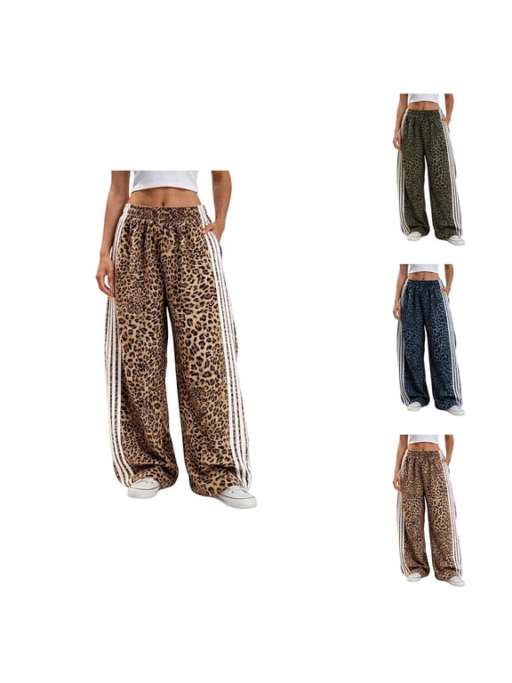 Leopard Print Baggy Sweatpants for Women Fall Winter Elastic High Waist Y2k Casual Wide Leg Track Pants with Pockets
