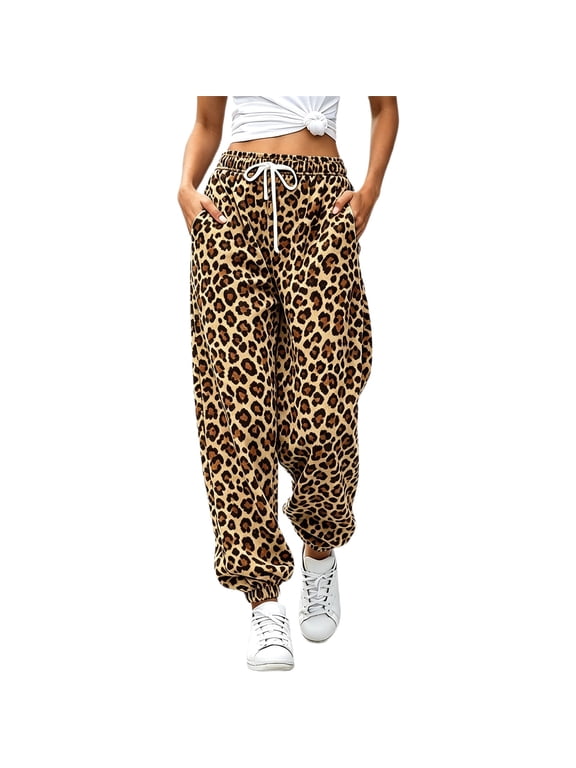 Leopard Print Barrel Sweatpants Women Wide Leg Baggy Pants Comfy Flowy Casual Lounge Pants Drawstring Elastic Waist Side Pockets Fall Winter Fashion