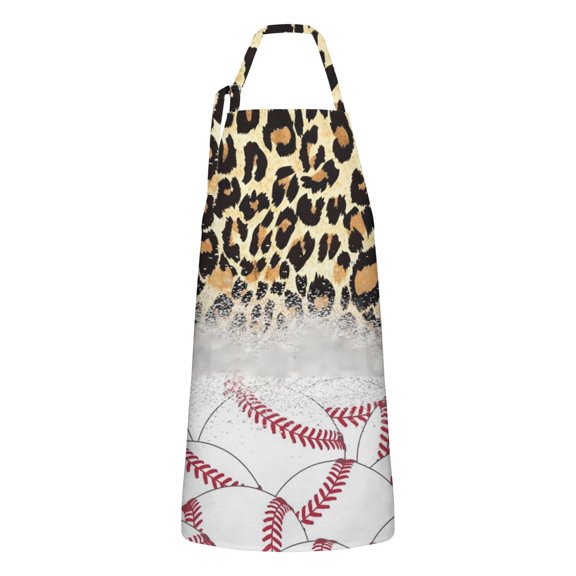 Leopard Print and Baseballs Pattern Apron-Garden Aprons for Women with Pockets-Cotton Linen Waterproof Kitchen Cooking Gardening Aprons Adjustable for Kitchen,Cooking,BBQ and Salon 33x27 Inch