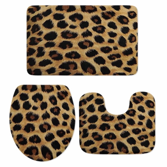 Leopard Print Bath Mat 3 Piece Bathroom Rug Set, Brown Yellow Retro Animal Fur Pattern Non Slip Bath Rug Contour Mat and Toilet Lid Cover, Absorbent Shower Mats Soft Bath Rugs and Mats Sets