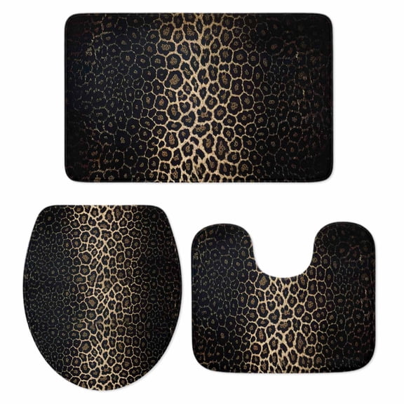 Leopard Print Bath Mat 3 Piece Bathroom Rug Set, Chic Abstract Black Brown Animals Texture Non Slip Bath Rug Contour Mat and Toilet Lid Cover, Absorbent Shower Mats Soft Bath Rugs and Mats Sets