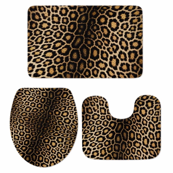 Leopard Print Bath Mat 3 Piece Bathroom Rug Set, Farmhouse Gradient Animals Texture Non Slip Bath Rug Contour Mat and Toilet Lid Cover, Absorbent Shower Mats Soft Bath Rugs and Mats Sets