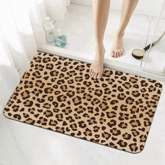 Leopard Print Bath Mat Black Non-Slip Absorbent Rubber Backed Floor Rug For Bathroom