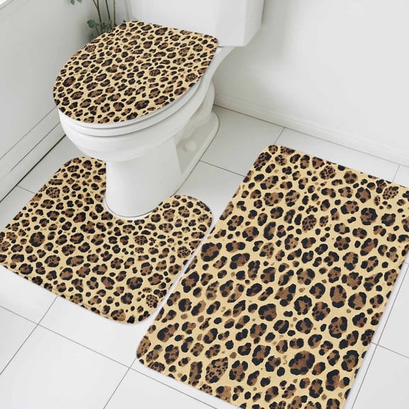 Leopard Print Bathroom Rugs Set Abstract Modern Leopard Texture Non Slip Absorbent Soft Bath Mats 3 Piece Set with Bathroom Rug, U-Shaped Floor Mat, Toilet Seat Cover Small Size