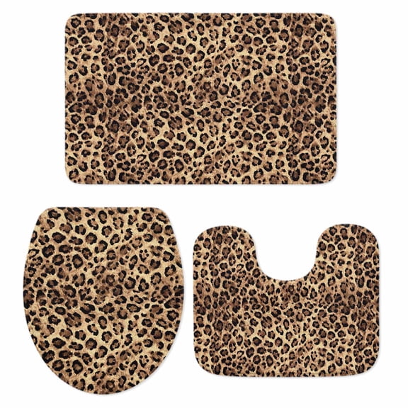 Leopard Print Bathroom Rugs Set Animal Abstract Retro Non Slip Absorbent Soft Bath Mats 3 Piece Set with Bathroom Rug, U-Shaped Floor Mat, Toilet Seat Cover Small Size