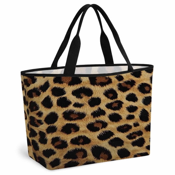 Leopard Print Beach Bag for Women, Large Breathable Mesh Beach Tote Bag, Brown Yellow Retro Animal Fur Pattern Sandproof Lightweight Travel Bags for Vacation Picnic Swimming Pool 15.7"x15.7"x9.1"