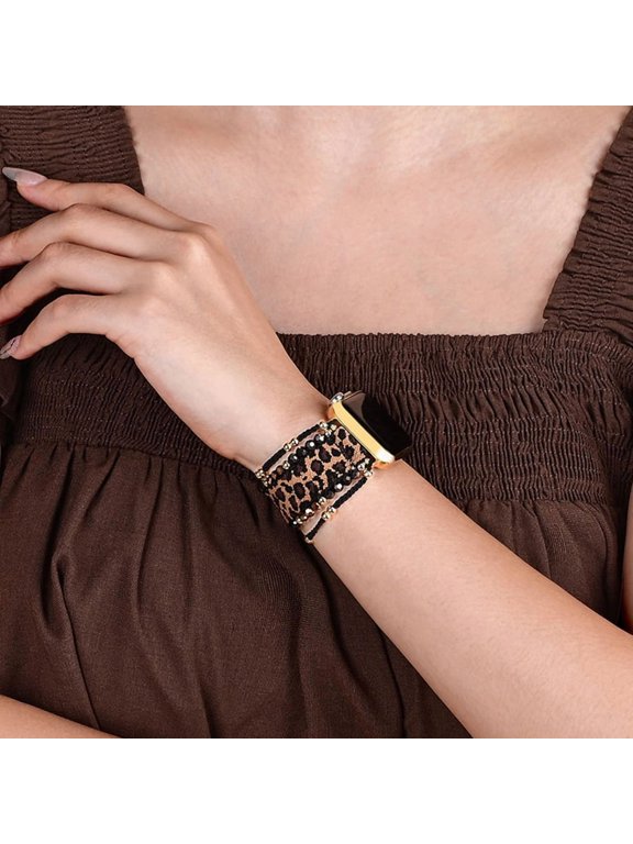 Leopard Print Beaded Apple Watch Band, Multi-Layer Wrap Bracelet Strap, Compatible with iWatch Series 8/7/6/5/4/3/SE/Ultra