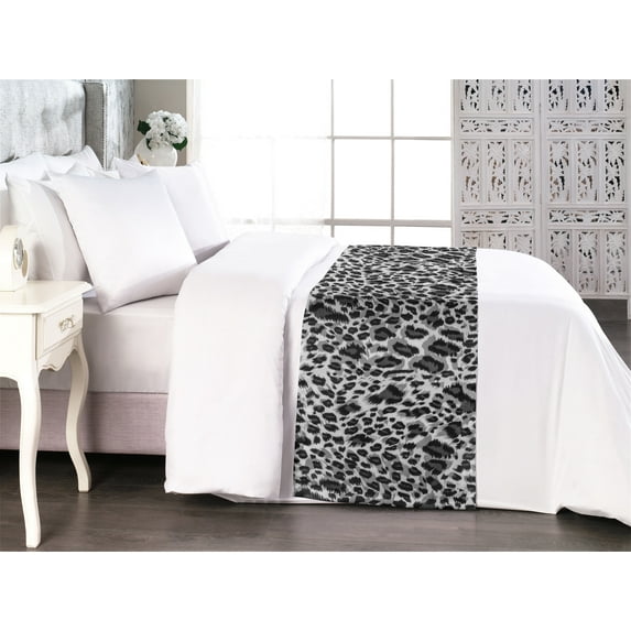 Leopard Print Bed Runner, Achromatic Colors of Repeating Wild Cat Blots and Spots Grayscale Pattern, Decorative Accent Bedding Scarf for Hotels Homes & Guest Rooms, Queen, Black and Grey, by Ambesonne
