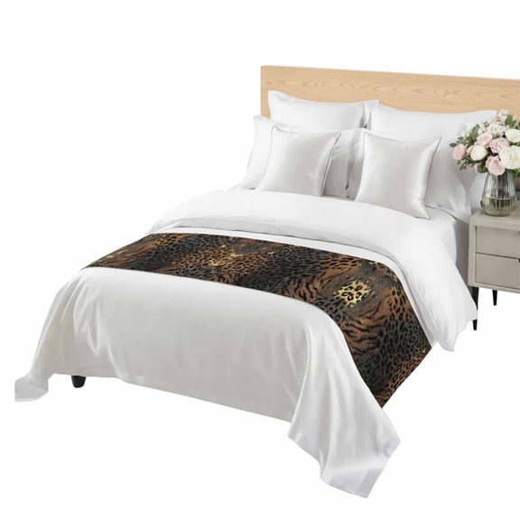 Leopard Print Bed Runner Queen Size Ethnic Style Gold Black Gradient Fur Texture Soft Bed Scarf for Foot of Bed, Decorative Bedding Scarf Protection for Hotel Home Bedroom 83 x 20 Inch