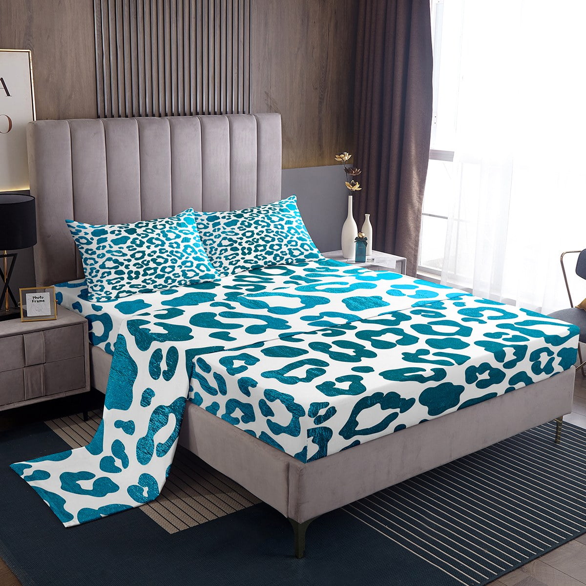 Leopard Print Bed Sheets Set Sky Blue Cheetah Print Sheet Set King,Wild