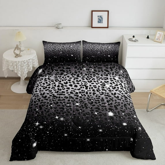 Leopard Print Bedding Teen,Black Grey Cheetah Skin African Big Cat Down Comforter,Sparkle Starry Sky Glitter Comforter Set Full,Jungle Animal Duvet Insert