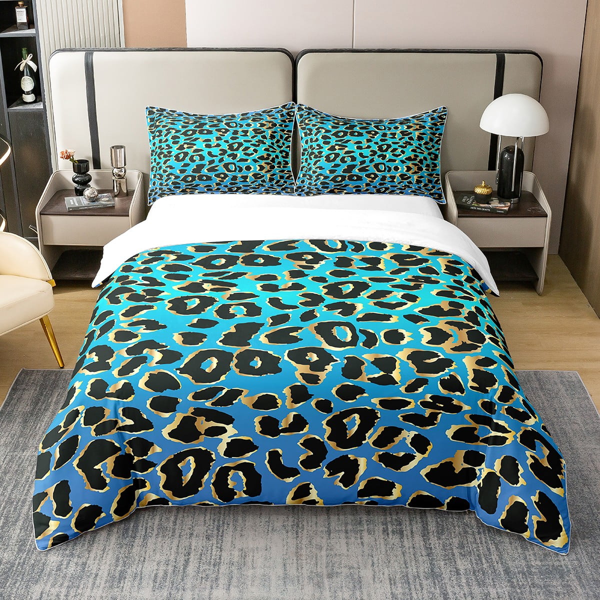 Leopard Print Bedding Set Twin,Blue Black Cheetah Print 100 Cotton