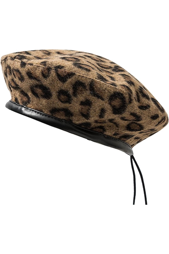 Leopard Print Beret Hat Animal Cheetah Pattern French Hats PU Brim Adjustable Artist Caps for Women Lady