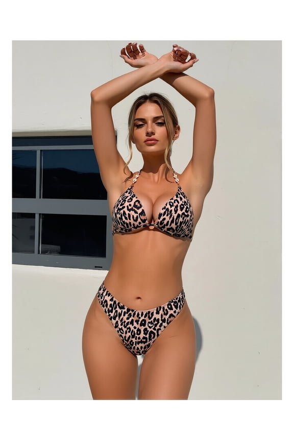 Leopard Print Bikini Set Women's - 2 Piece High Waist Swimsuit Halter Bathing Suit Retro Vintage Swimwear for Teens Girls - Adjustable Straps
