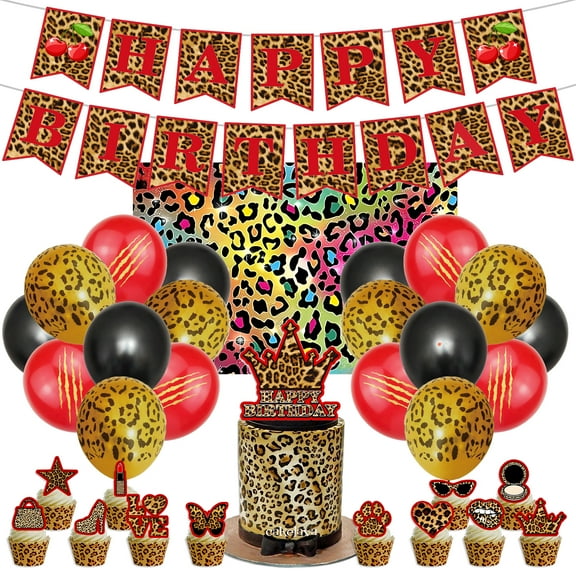 Leopard Print Birthday Party Decorations Kit, 70x47 Inch Backdrop, Happy Birthday Banner, Cake Toppers, 16 Balloons, Classy Bachelorette Birthday Supplies for Women, Girls, Mom, Adult Party