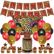 Leopard Print Birthday Party Decorations Kit, 70x47 Inch Backdrop, Happy Birthday Banner, Cake Toppers, 16 Balloons, Classy Bachelorette Birthday Supplies for Women, Girls, Mom, Adult Party