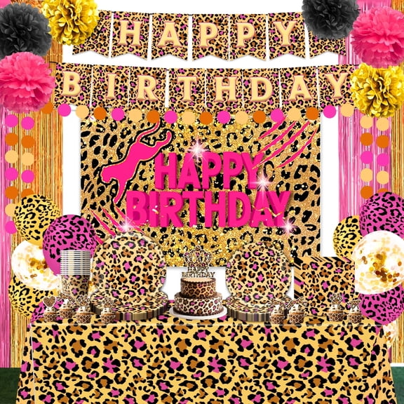Leopard Print Birthday Party Decorations, Pink and Gold Cheetah Theme Party Supplies, Paper Plate, Cup, Napkin, Tablecloth, Background, Banner, Balloon, Cake Topper, Cutlery etc, Serve 10