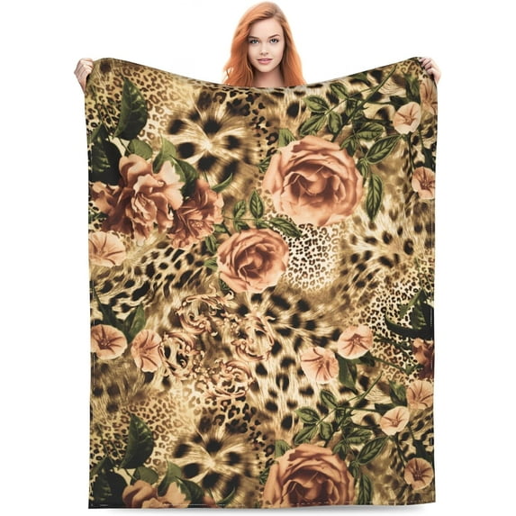 Leopard Print Blanket Cheetah Floral Rose Throw Blankets Soft Warm Lightweight Cozy Throws for Kid & Women Bed for Living Room Bedding Couch Decor 50x60in