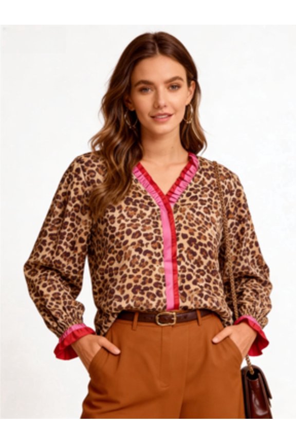 Leopard Print Contrast Hot Pink Trim Long Puff Sleeve V-Neck Loose Tunic Blouse (Women's)