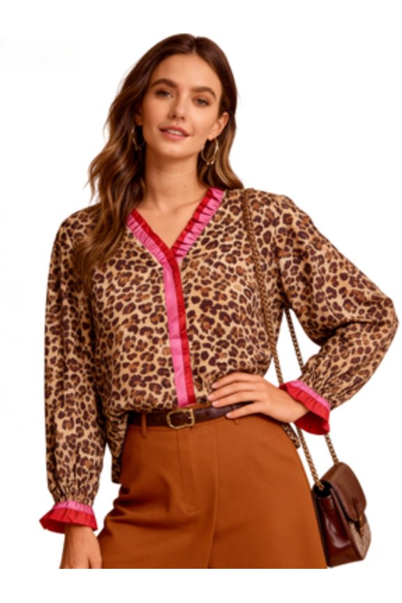 Leopard Print Blouse for Women - Contrast Hot Pink Trim Long Puff Sleeve V Neck Loose Tunic
