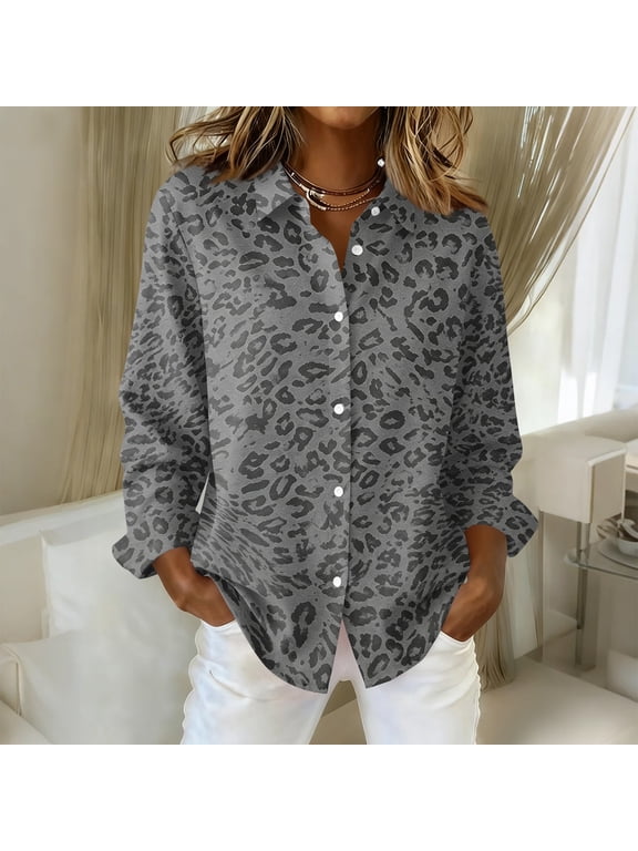 Leopard Print Blouses For Women Button Down Shirt With Long Sleeves Collared Neck And Relaxed Hem For Office Casual Wear