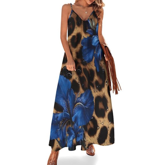 Leopard Print Blue Irises Flowers Sleeveless Suspender Dress Summer Fashion Casual Long Dress