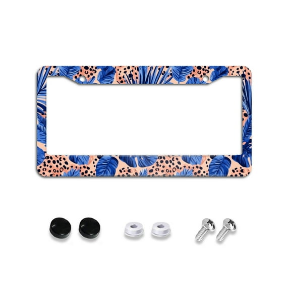Leopard Print with Blue Tropical Leaves License Plate Frames for Women Men Car Plate Holder Cover Metal Tag Aluminum Car Accessories Front Rear Plate Decor