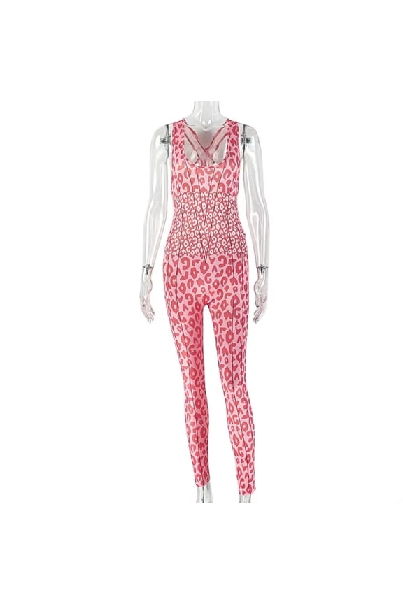Leopard Print Bodycon Jumpsuits Women Halter U-Neck Sleeveless Waistband Backless Sexy Jumpsuits