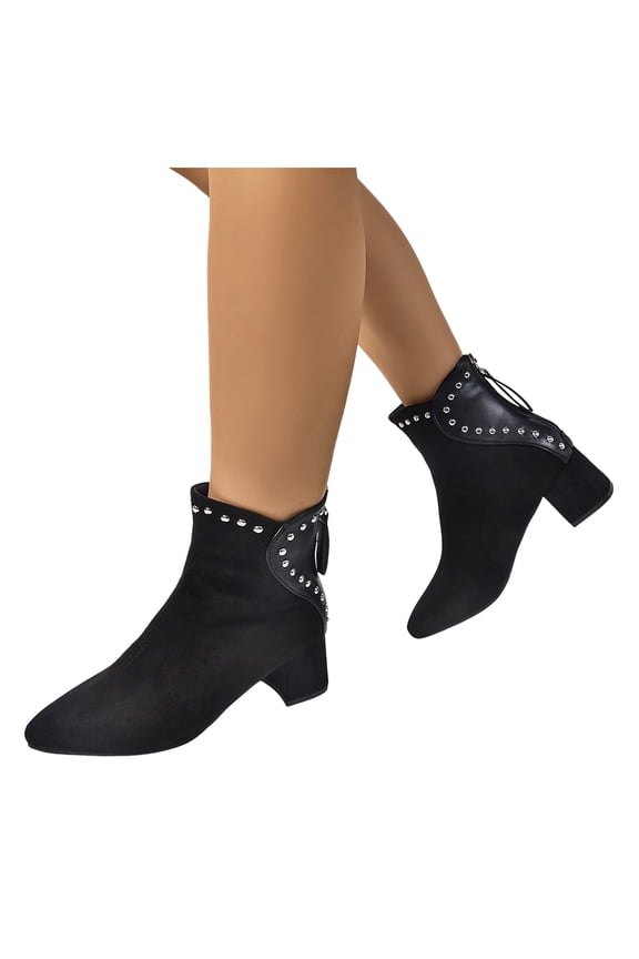 Leopard Print Boots for Women Sexy Pointed Toe Block Heel Vintage Studded Splicing Zipper Booties