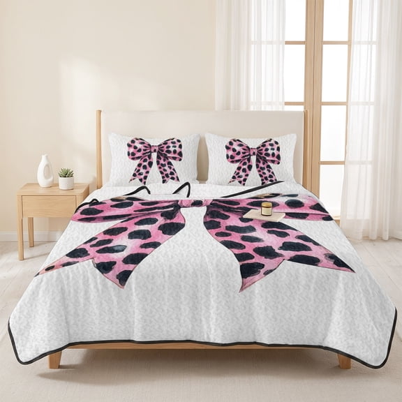 Leopard Print Bow 3 Pieces Quilt Set,1 Quilt with 2 Shams,Black Point on Pink Background Bedspread Soft Lightweight Bedding Coverlet Comforter Set for All Season 96"x106"