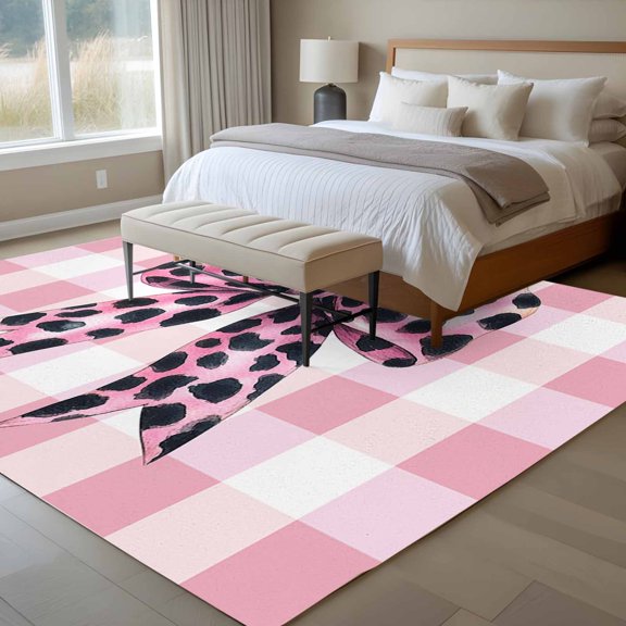 Leopard Print Bow 6x9 Rug for Dining Room Table and Chair Setup, Sweet Pink White Plaid Low Pile Washable Non Slip Rectangle Area Rug