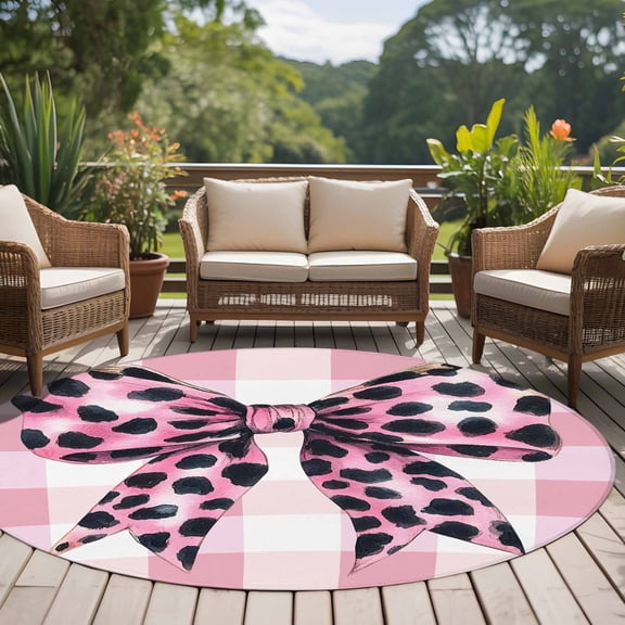Leopard Print Bow 8ft Round Rug for Open Concept Living Room Seating Zone, Sweet Pink White Plaid Washable Non Slip Large Circle Area Rug