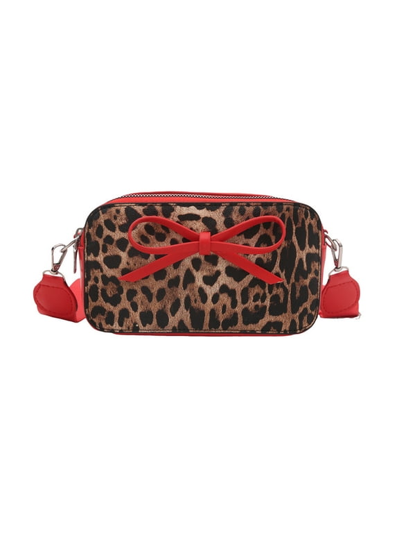 Leopard Print Bow Crossbody Bag, PU Leather Camera Shoulder Bag for Daily Outing