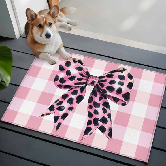 Leopard Print Bow Front Door Rugs 2x3 ft Sweet Pink White Plaid Small Rug for Entryway Non Slip Washable Bathroom Door Mat Absorbent Floor Mat for Indoor Entrance