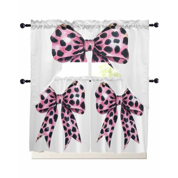 Leopard Print Bow Kitchen Curtains Set for Windows 3 Piece Cafe Curtains 36 Inch Length Swag Curtains Valances and Tier Set Pink Colored Polka Dot Butterfly Tie Drapes for Bedroom Bathroom