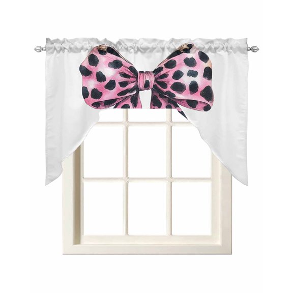 Leopard Print Bow Swag Curtains for Kitchen Pink Colored Polka Dot Butterfly Tie Valances for Windows Rod Pocket Small Window Treatment Topper for Cafe Bedroom Bathroom Living Room Decor 56x36 Inch