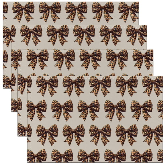 Leopard Print Bow Table Placemats Set of 4,Chic Modern Bowknot Fashion Bow-tie Place Mats 12x18 Inch for Kitchen Table,Brown Cheetah Wild Animal Fur Print Washable Mats Suitable for Restaurant