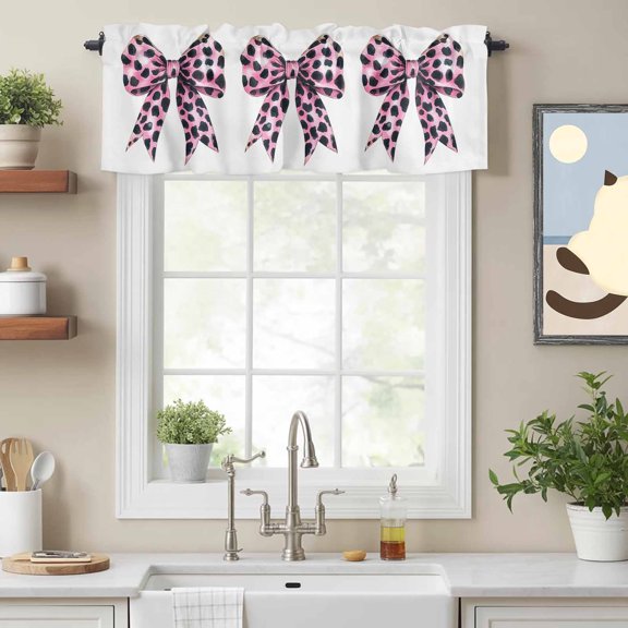 Leopard Print Bow Valances for Windows,Kitchen Valance Rod Pocket Short Curtain, Black Point on Pink Background Valance Curtain Window Valances for Bedroom Bathroom Living Room 54x18in