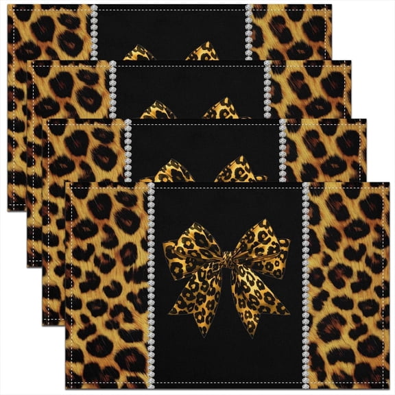 Leopard Print Bowknot Placemat Set of 4,African Cheetah Animal Outdoor Indoor Place Mats,Leopard Coquette Bow Washable Durable Table Mats 12x18 Inch