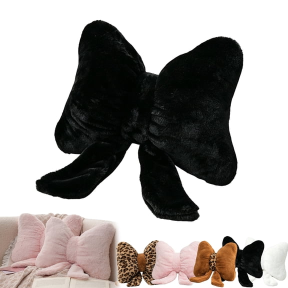 Leopard Print Bowknot Throw Pillow, Cute Soft Plush Leopard Bow Sofa Cushions Home Decor for Living Room Bedroom Bed Couch Office Desk (Black)