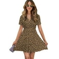 thumbnail image 1 of Leopard Print Brown Black Spots Women Dress V-Neck Short Sleeve Flowy Swing Party Midi Dress, 1 of 4
